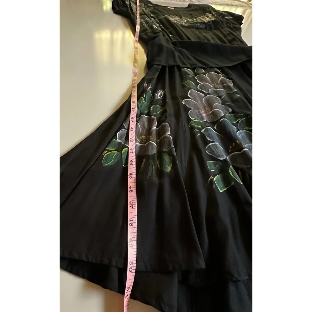 Phoenix‎ Vintage Hand Painted Floral Black Midi Dress Shoulder Pads Tie Waist OS